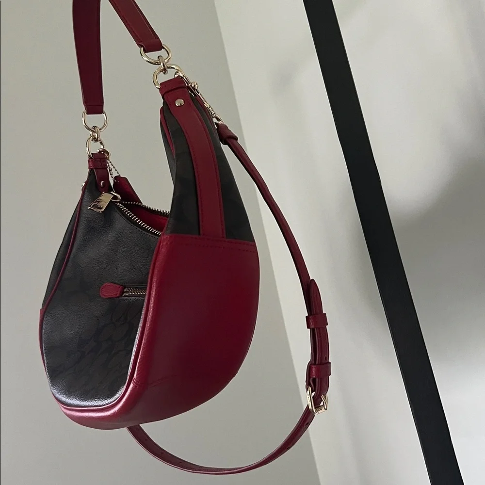 Coach Harley East/West Hobo in Signature - crescent canvas with red leather trim